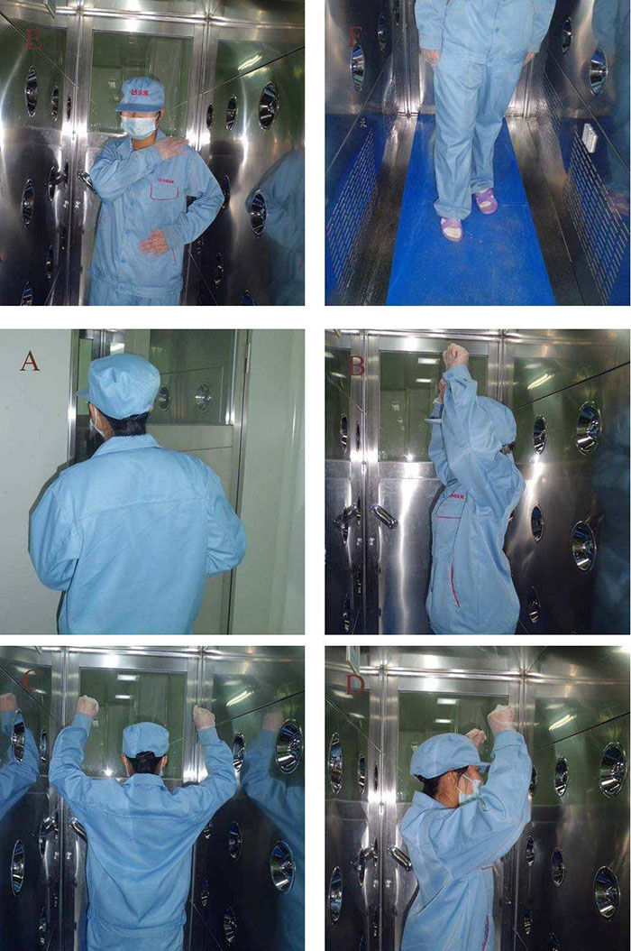 進入風淋室前無塵服應穿著得當，袖口和領口需拉緊，避免衣物內外的塵埃進入。